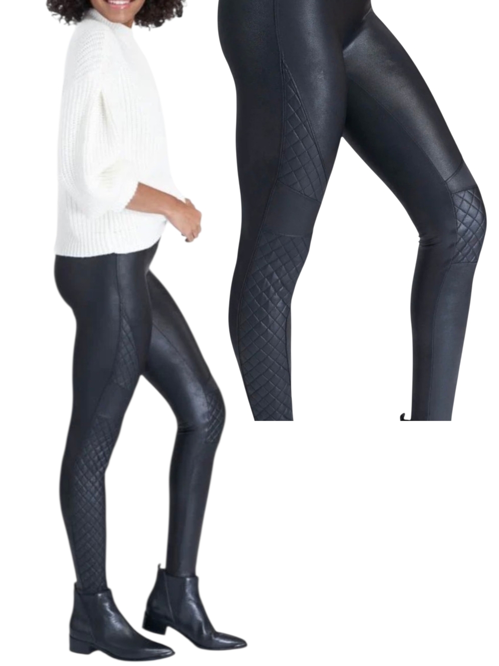 SPANX Quilted Faux Leather Leggings - Black Sz L - Picture 4 of 12